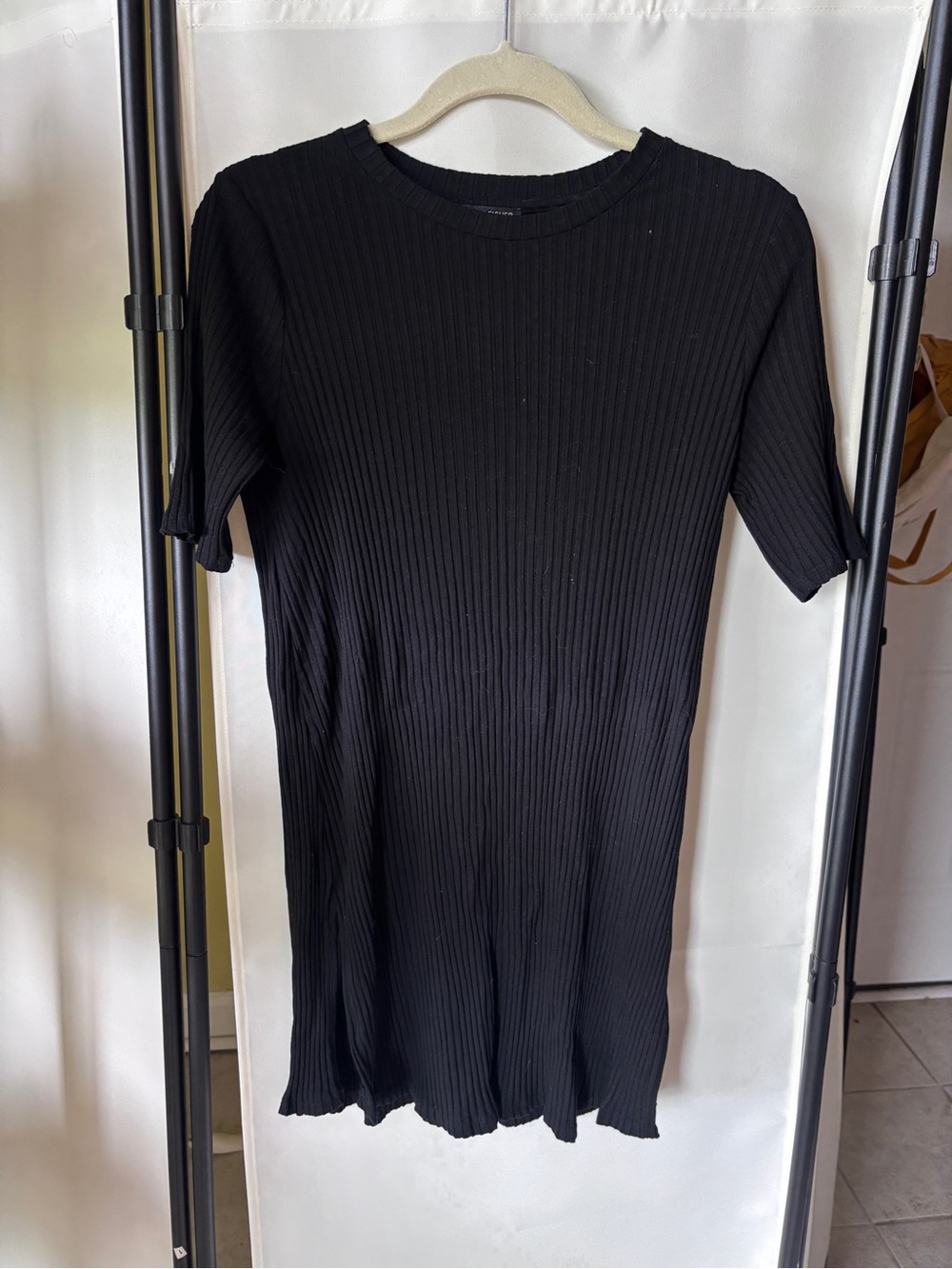Eileen Fisher Black Ribbed Short-Sleeve Mini Dress